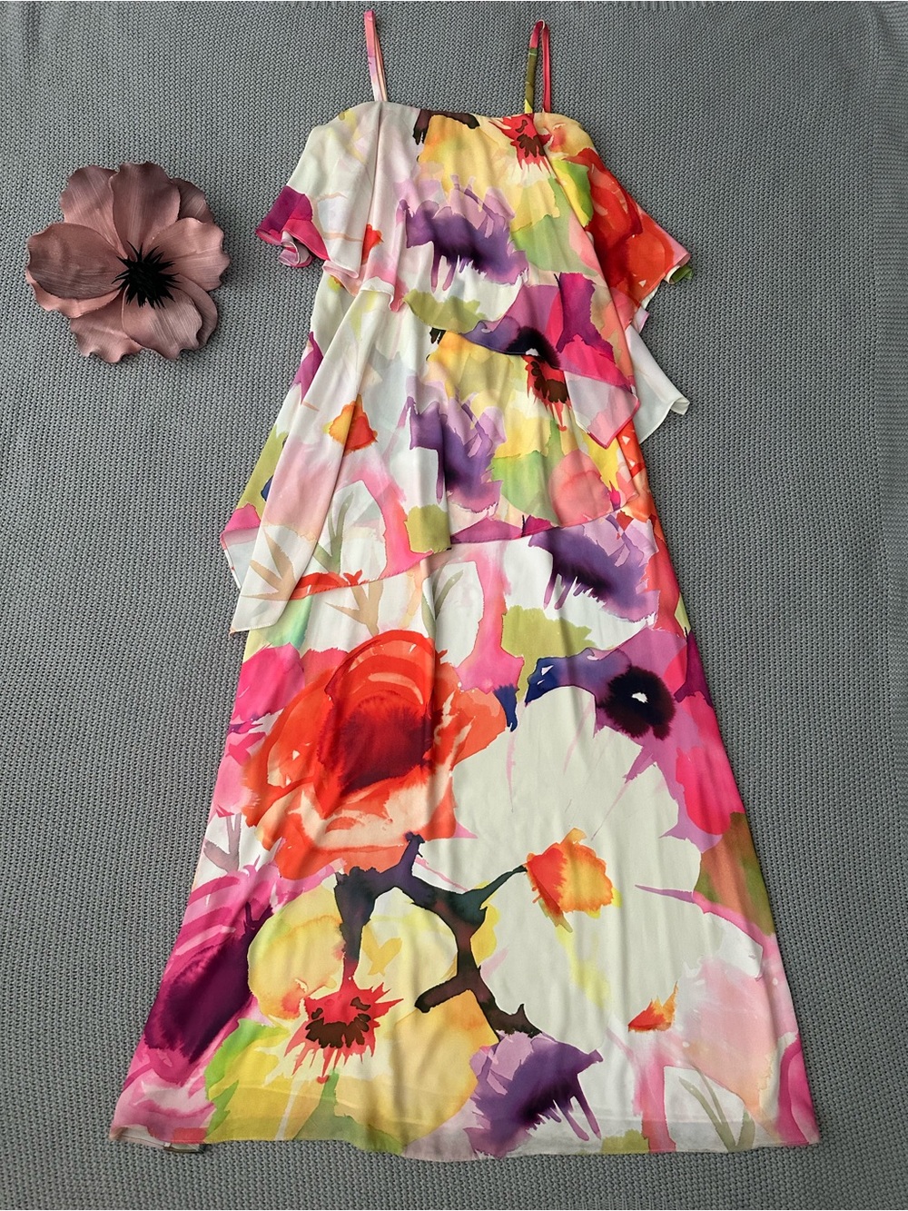 Josie Natori Floral Ruffle Maxi Dress size 6